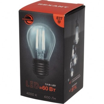 Лампа филаментная REXANT ШАРИК GL45 7,5Вт 600Лм 4000K E27 диммируемая, прозрачная колба
