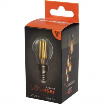 Лампа филаментная REXANT ШАРИК GL45 9,5Вт 950Лм 2700K E14 прозрачная колба