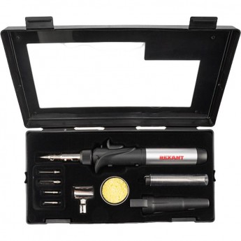 Паяльник-горелка с пьезоподжигом REXANT газовый, 17мл, 6 насадок + припой + губка, коробка