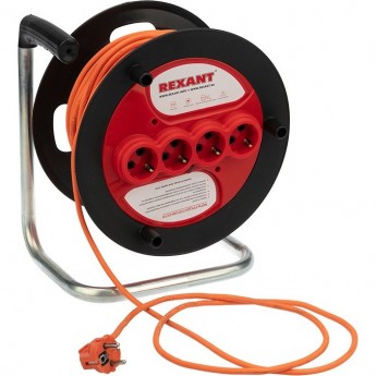 Удлинитель-шнур на катушке REXANT ПВС 3х1.5, 50 м, 4 гнезда, с/з, 16 А, 3300 Вт, IP20, оранжевый (Сделано в России)
