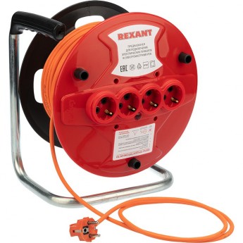 Удлинитель-шнур REXANT ПВС 3х1.0 2200 Вт 50 м 4 гнезда с/з на катушке оранжевый